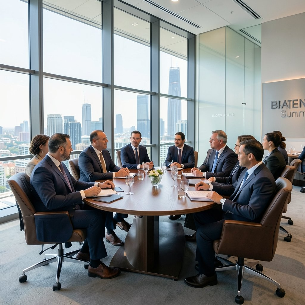 Executives around an oval table with glass walls and a city skyline behind them.