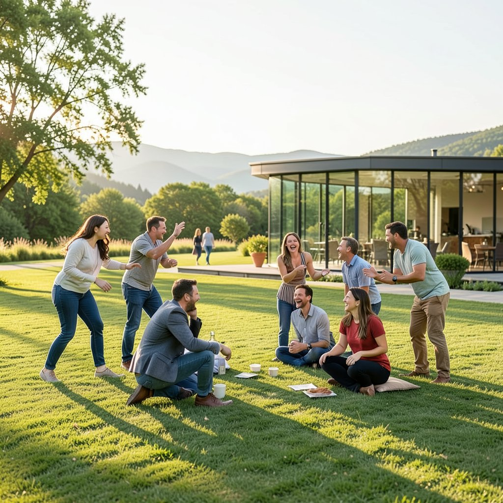 A team playing on a lawn beside a glass pavilion with hills behind.