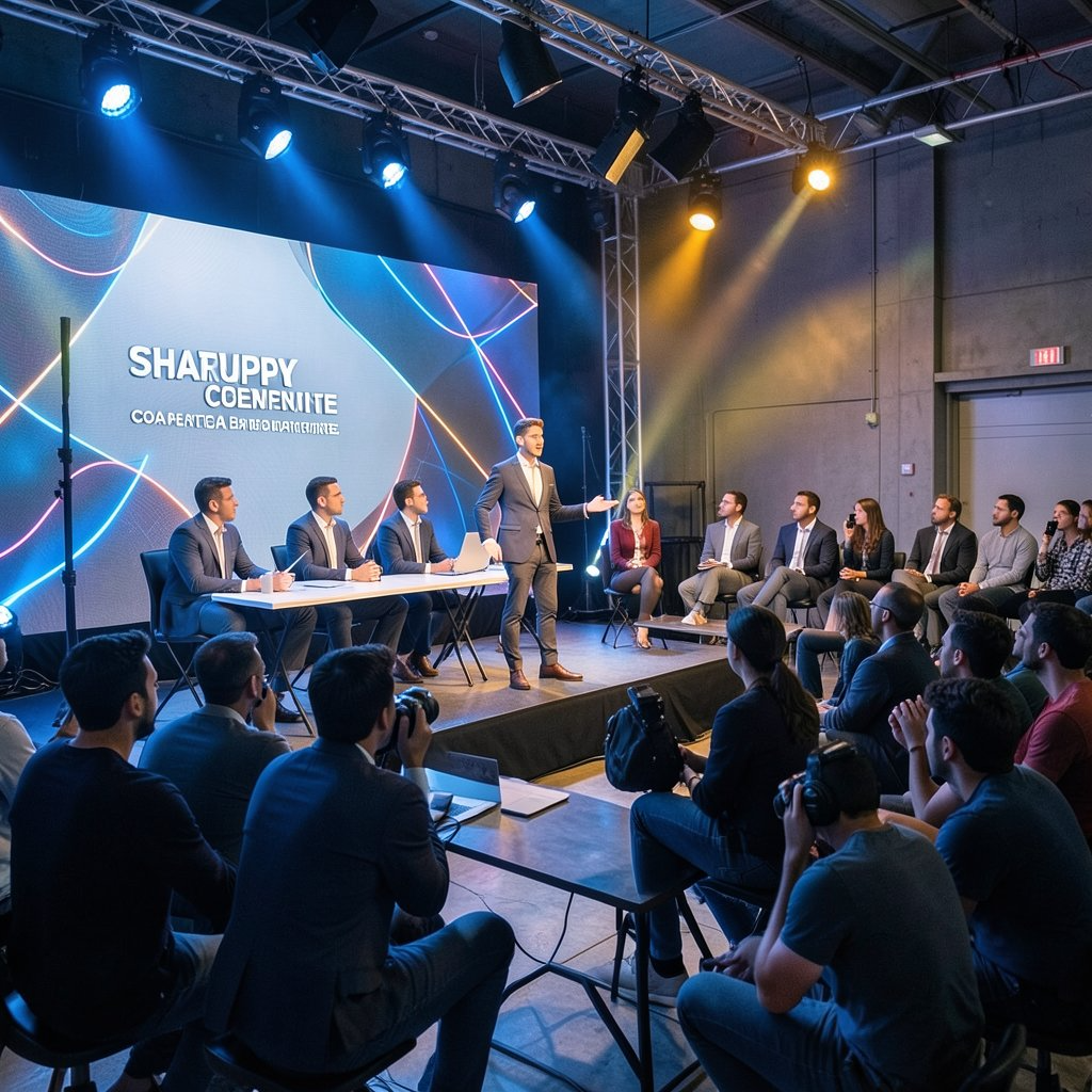 A panel on a raised stage in an industrial loft with an audience on the floor.