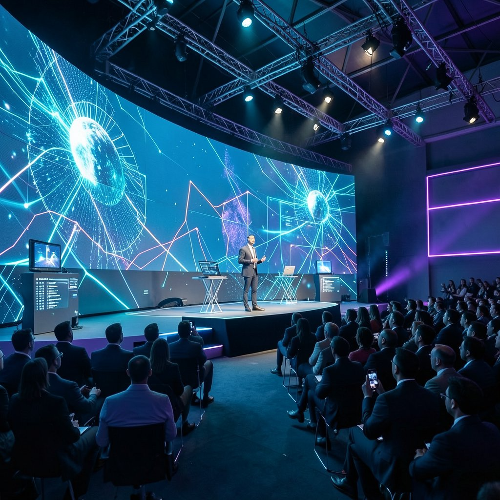 A speaker on a stage with a curved LED wall in front of a seated audience.