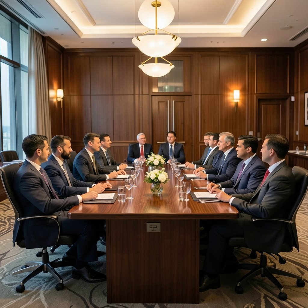 A wood-panelled boardroom with a long table, leather chairs and a chandelier.