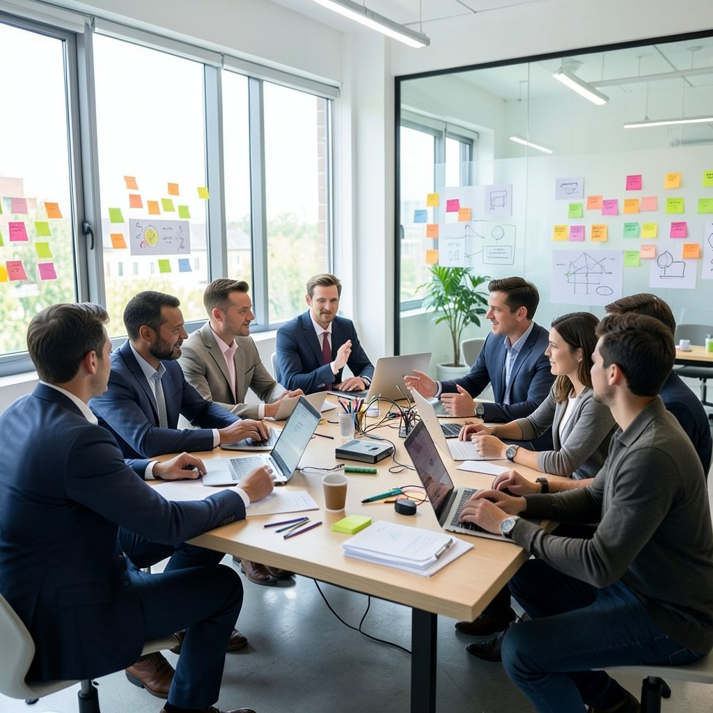 A bright workshop room with a team at a table and sticky notes on glass walls.