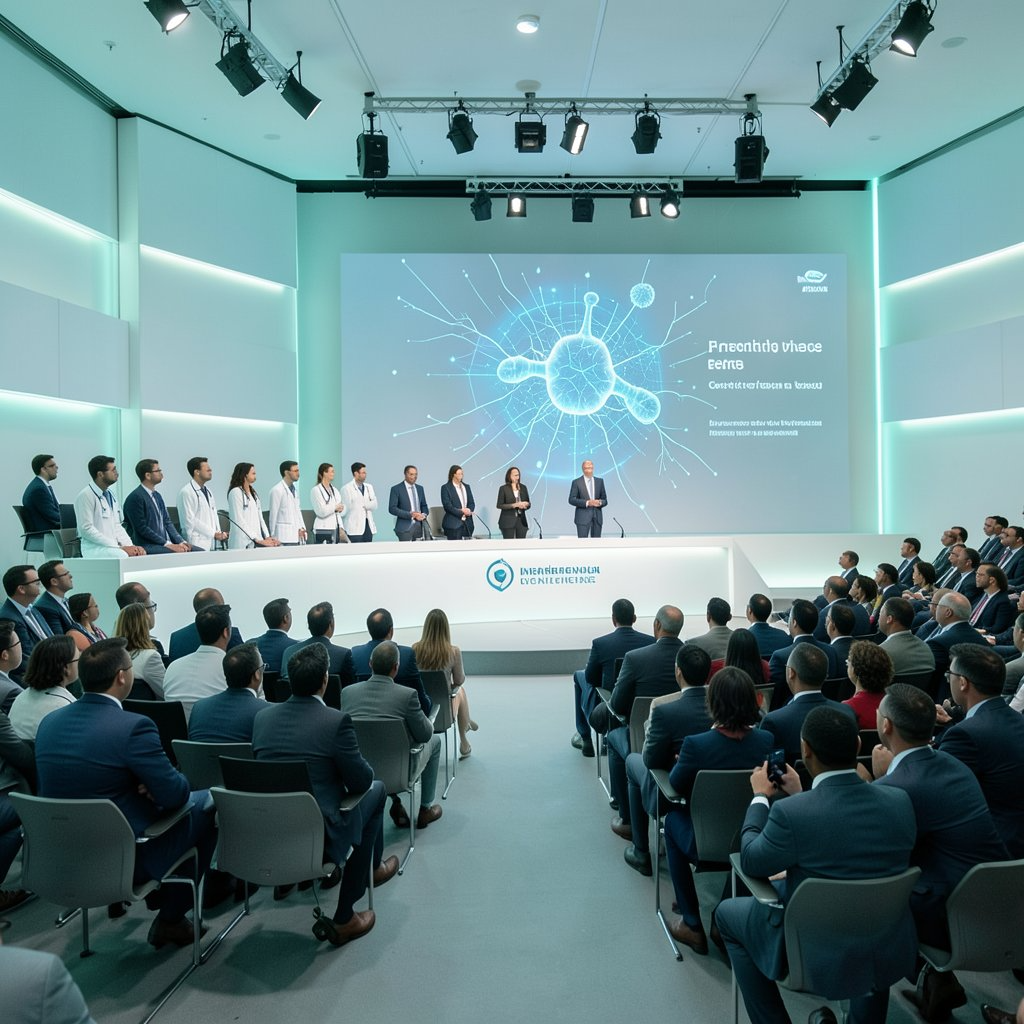 A tiered auditorium with a panel on stage and a large audience.