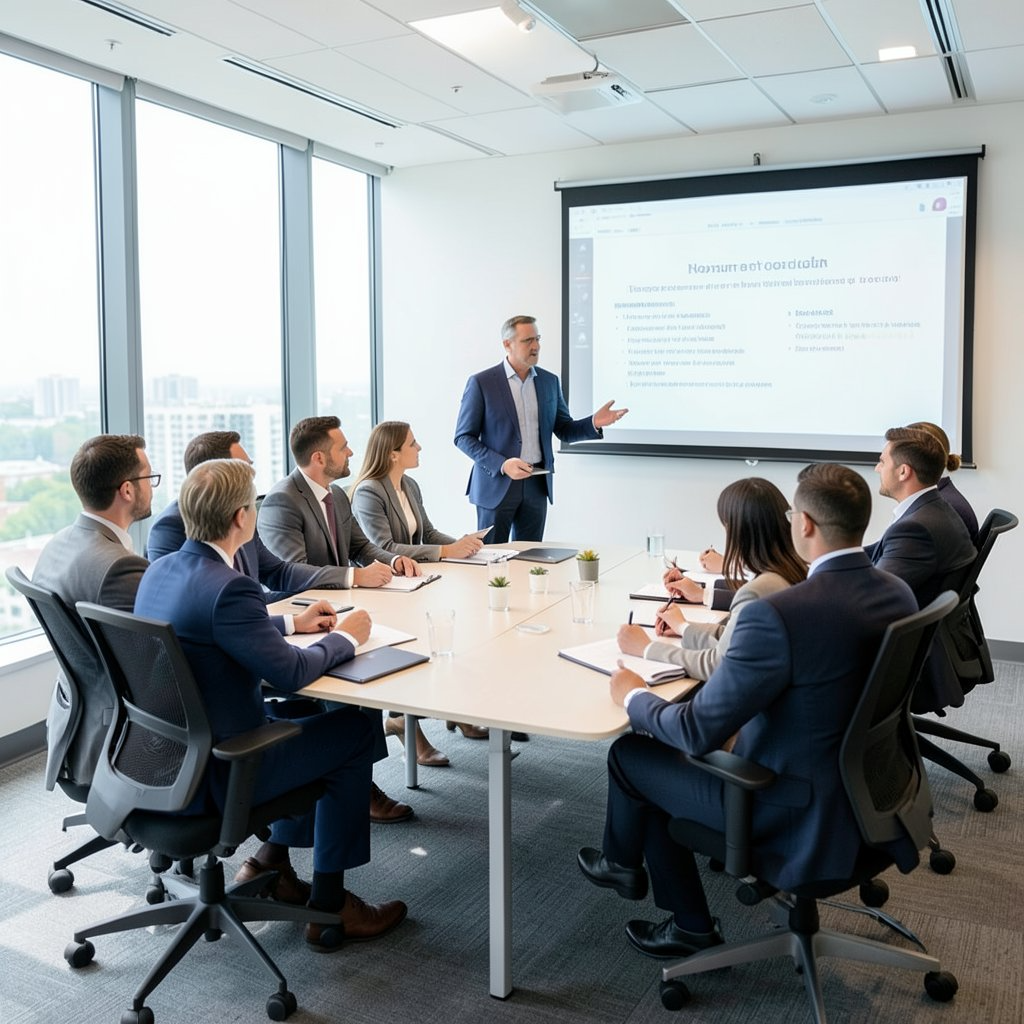 A presenter at a projector screen briefing a team around a meeting table.