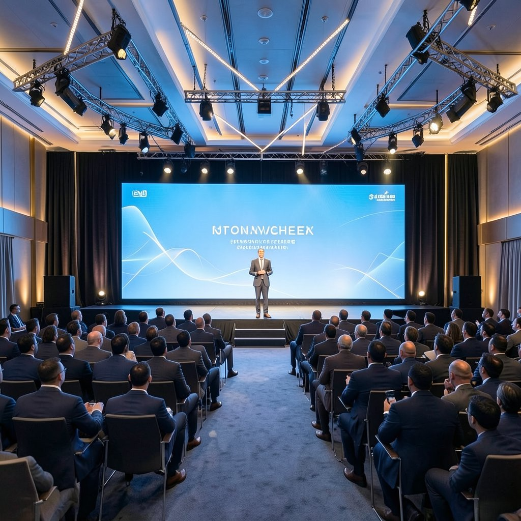 A grand ballroom with a wide stage, tiered aisles and an audience of leaders facing the main screen.